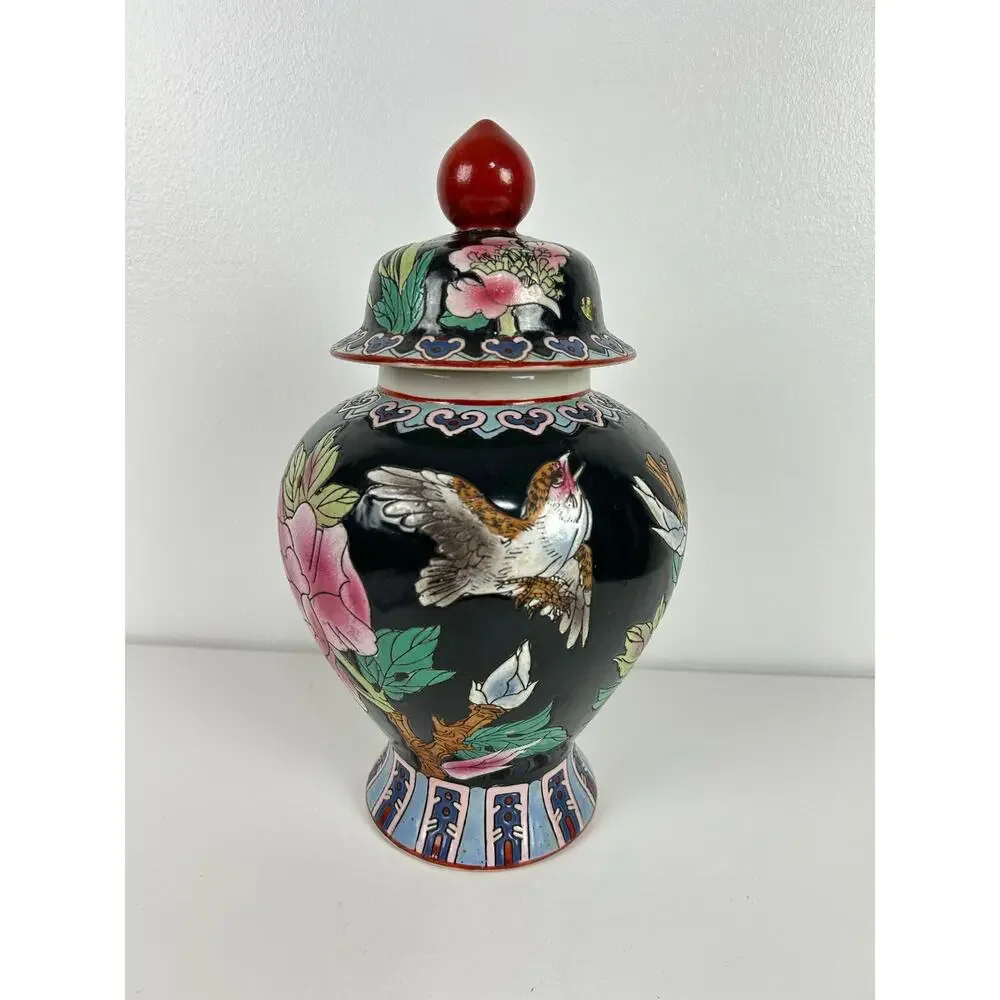 Vintage Japanese Hand Painted Ginger Jar w/ Lid Birds Florals Pottery Vase